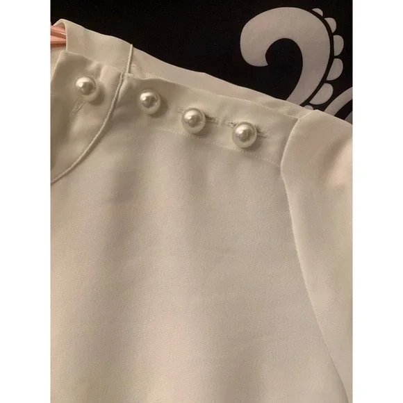 Zara Basic White Mock Neck Blouse Pearl Button Shoulder Long Sleeve Small - Picture 4 of 7